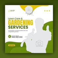 Modern lawn care garden or landscaping service for social media cover or post design template, organic food and agriculture web banner with abstract green gradient and yellow color shapes vector