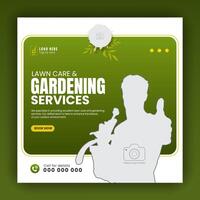 Modern lawn care garden or landscaping service for social media cover or post design template, organic food and agriculture web banner with abstract green gradient and yellow color shapes vector