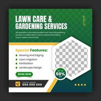 Agriculture and farming promotion with modern lawn mower garden or landscaping service social media cover design, abstract green and yellow square web banner, post template flyer vector