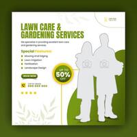 Modern lawn care garden or landscaping service for social media cover or post design template, organic food and agriculture web banner with abstract green gradient and yellow color shapes vector