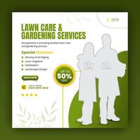 Modern lawn care garden or landscaping service for social media cover or post design template, organic food and agriculture web banner with abstract green gradient and yellow color shapes vector