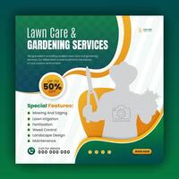 Modern lawn mower garden or landscaping service social media cover design, farming and agriculture promotion with abstract green and yellow web banner, post template flyer leaflet poster vector