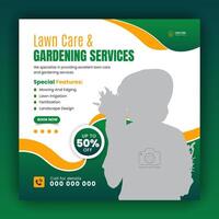 Modern lawn care garden or landscaping service for social media cover or post design template, organic food and agriculture web banner with abstract green gradient and yellow color shapes vector