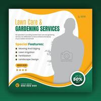 Modern lawn mower garden or landscaping service social media cover design, farming and agriculture promotion with abstract green and yellow web banner, post template flyer leaflet poster vector