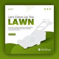 Modern lawn care garden or landscaping service for social media cover or post design template, organic food and agriculture web banner with abstract green gradient and yellow color shapes vector