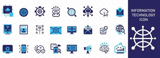 Information Technology icon set. Containing cloud computing, IT manager, big data, data analytics, internet, network security and more. Solid icons collection. vector