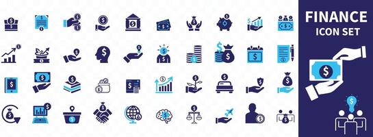 Finance icon set. Containing loan, cash, saving, financial goal, profit, budget, mutual fund, earning money and revenue icons. Solid icons collectionWeb vector