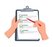 Hand holding a clipboard with a red pen and checking off items on a list. vector