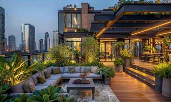 Lush rooftop escape with stunning skyline views and comfortable seating photo