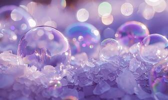 Iridescent soap bubbles trapped on crushed ice, reflecting a blurry purple surface photo