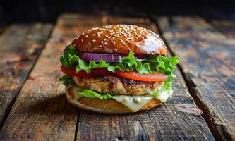 Chicken burger perfection, rustic setting photo