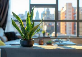 Snake plant finds its place in the urban landscape adding a touch of nature against city views photo