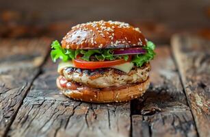 Chicken burger perfection, rustic setting photo