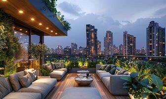 Lush rooftop escape with stunning skyline views and comfortable seating photo