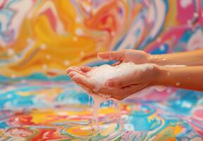 Hands create rich soapy lather highlighted against a colorful background photo