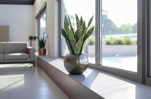 A modern windowsill vignette sleek snake plant in a ceramic pot bathed in soft natural light photo