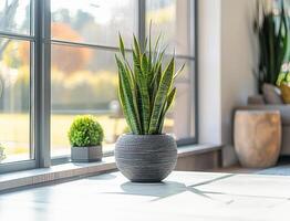 A modern windowsill vignette sleek snake plant in a ceramic pot bathed in soft natural light photo