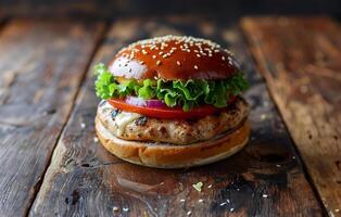 Chicken burger perfection, rustic setting photo