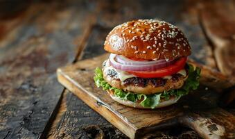 Chicken burger perfection, rustic setting photo