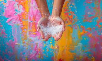 Hands create rich soapy lather highlighted against a colorful background photo