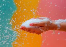 Detailed soapy fingernails and foamy texture emphasized by a vibrant colored backdrop photo