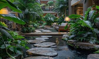 Indoor garden sanctuary with textured stonework, lush plants, and inviting seating photo