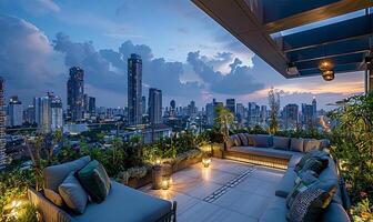 Lush rooftop escape with stunning skyline views and comfortable seating photo