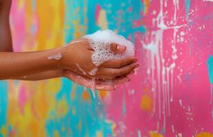 Hands create rich soapy lather highlighted against a colorful background photo