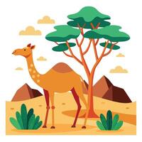 Camel On desert flat style 2d illustration vector