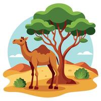 Camel On desert flat style 2d illustration vector