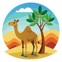 Camel On desert flat style 2d illustration vector