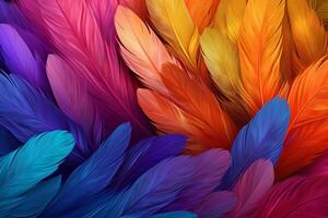 Rainbow Colorful fluffy Macaw Feathers Background, Feathers background, Colorful Feathers Wallpaper, Macaw bird feathers pattern, photo