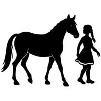 un niño estar con un caballo plano silueta vector