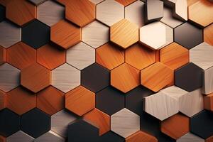 hexagonal madera modelo fondo, geométrico hexágono formas de madera fondo, hexágono 3d madera madera textura muro, foto