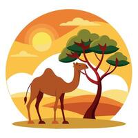 Camel On desert flat style 2d illustration vector