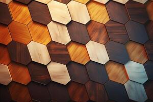 Hexagonal Wood Pattern Background, Geometric hexagon shapes wooden Background, hexagon 3d wood timber texture wall, photo