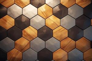 hexagonal madera modelo fondo, geométrico hexágono formas de madera fondo, hexágono 3d madera madera textura muro, foto