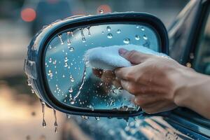 cerca arriba de un mano limpiando un mojado coche vista trasera espejo con un trapo foto