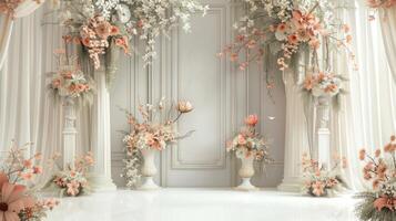 Wedding stage decoration background inside the building with elegant and beautiful flower decorations photo