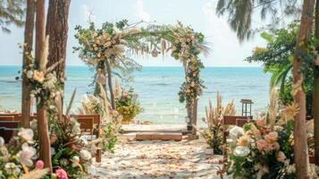 el fondo para un aire libre Boda en el playa lleno con hermosa floral decoraciones y adornos ai generar foto