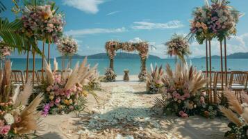 el fondo para un aire libre Boda en el playa lleno con hermosa floral decoraciones y adornos ai generar foto