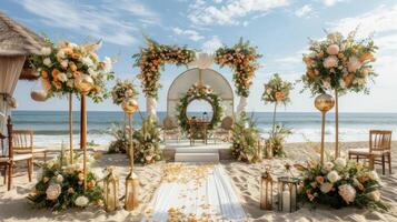 el fondo para un aire libre Boda en el playa lleno con hermosa floral decoraciones y adornos ai generar foto