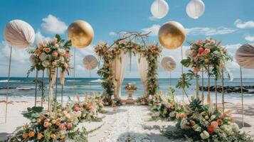 el fondo para un aire libre Boda en el playa lleno con hermosa floral decoraciones y adornos ai generar foto