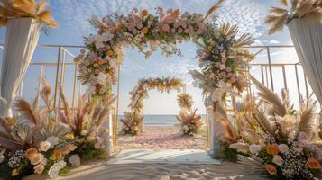 el fondo para un aire libre Boda en el playa lleno con hermosa floral decoraciones y adornos ai generar foto