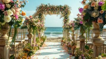 el fondo para un aire libre Boda en el playa lleno con hermosa floral decoraciones y adornos ai generar foto