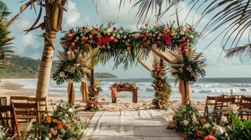 el fondo para un aire libre Boda en el playa lleno con hermosa floral decoraciones y adornos ai generar foto