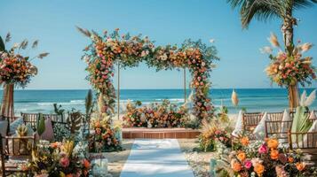 el fondo para un aire libre Boda en el playa lleno con hermosa floral decoraciones y adornos ai generar foto