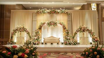 Boda etapa decoración antecedentes dentro el edificio con elegante y hermosa flor decoraciones foto