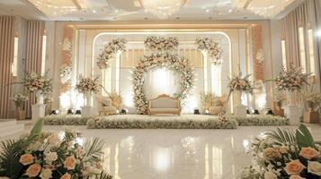 Wedding stage decoration background inside the building with elegant and beautiful flower decorations photo