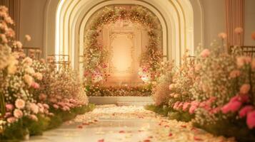 Wedding stage decoration background inside the building with elegant and beautiful flower decorations photo